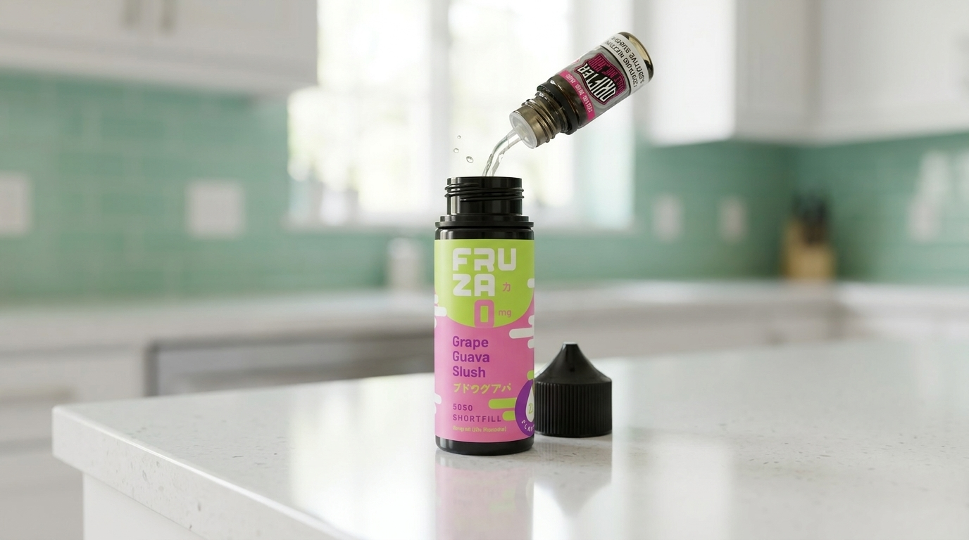 A 10ml Drifter nic salt shot being poured into a 100ml Fruza Grape Guava Slush shortfill bottle