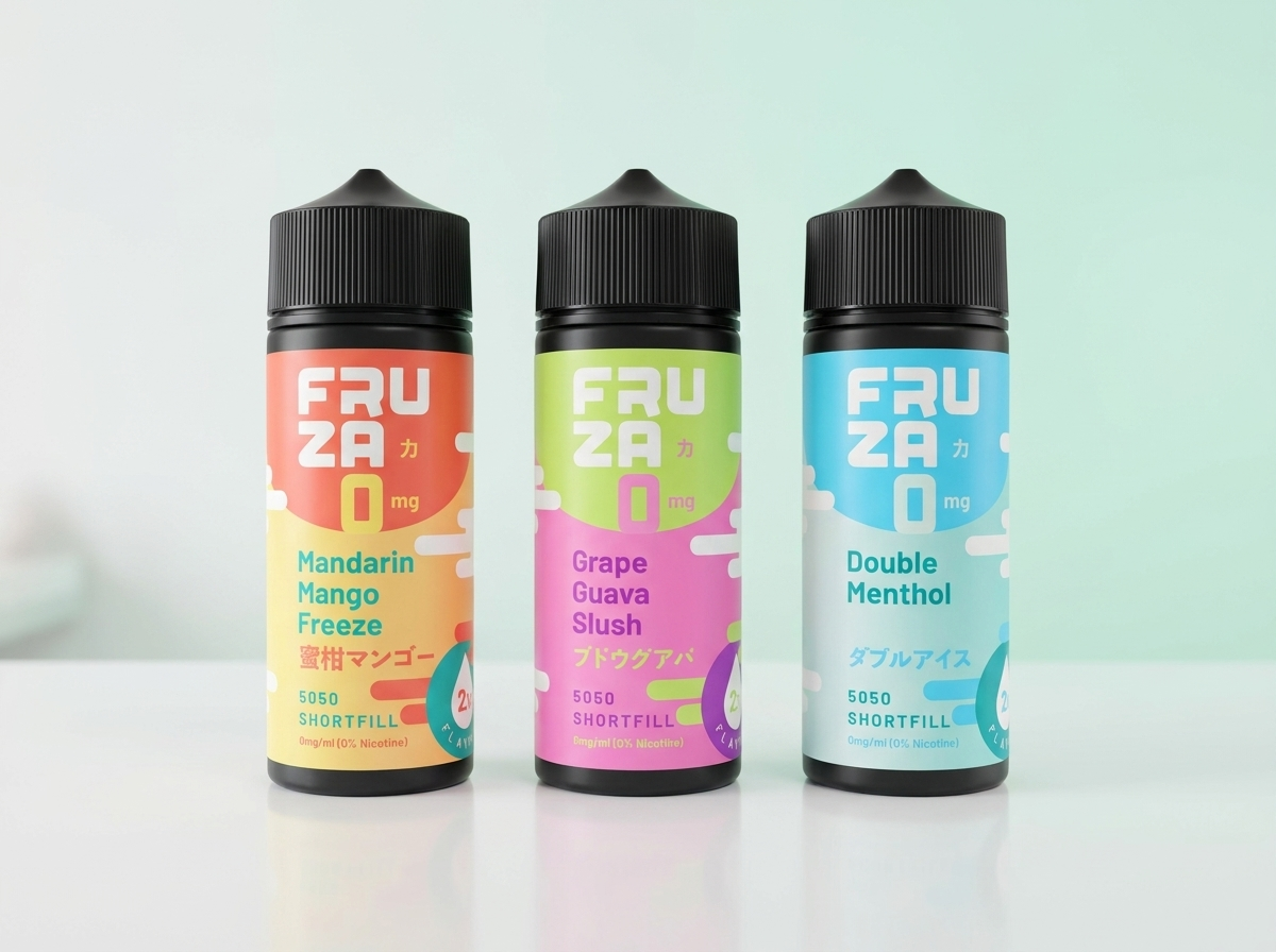 Three Fruza 100ml 50/50 shortfill E-Liquids: Grape Guava Slush, Mandarin Mango Freeze and Double Menthol