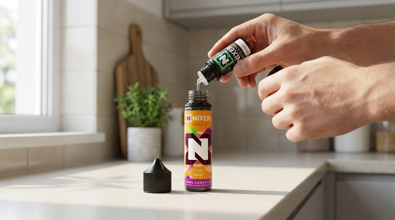 Pouring a Nixer nic shot into a Nixer longfill concentrate bottle