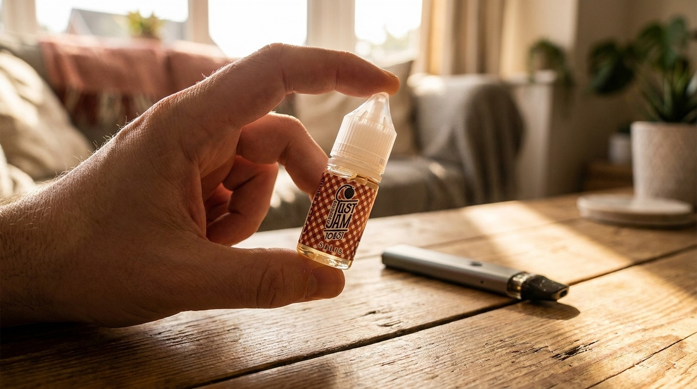 A hand holding a tiny 10ml nic salt e-liquid bottle