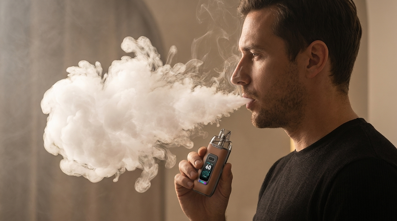 A vaper exhaling a huge sub-ohm cloud while holding the OXVA VPrime pod kit