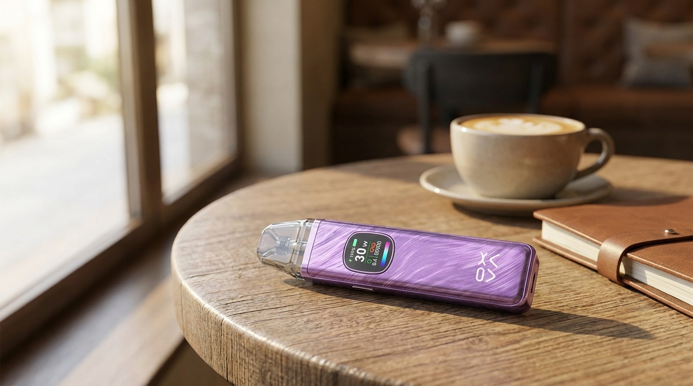 A compact pod kit resting on a cafe table