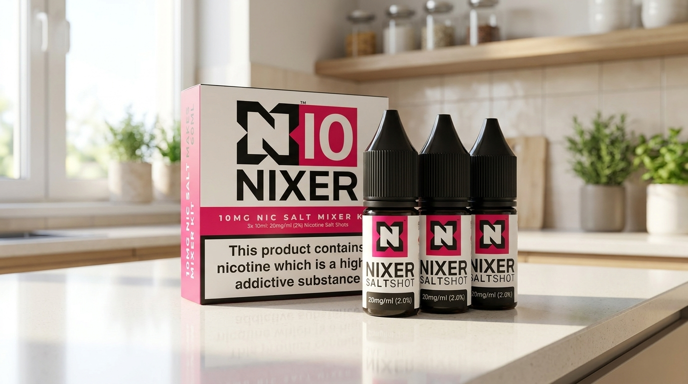 The Nixer Nic Salt Mixer Kit with its contents laid out