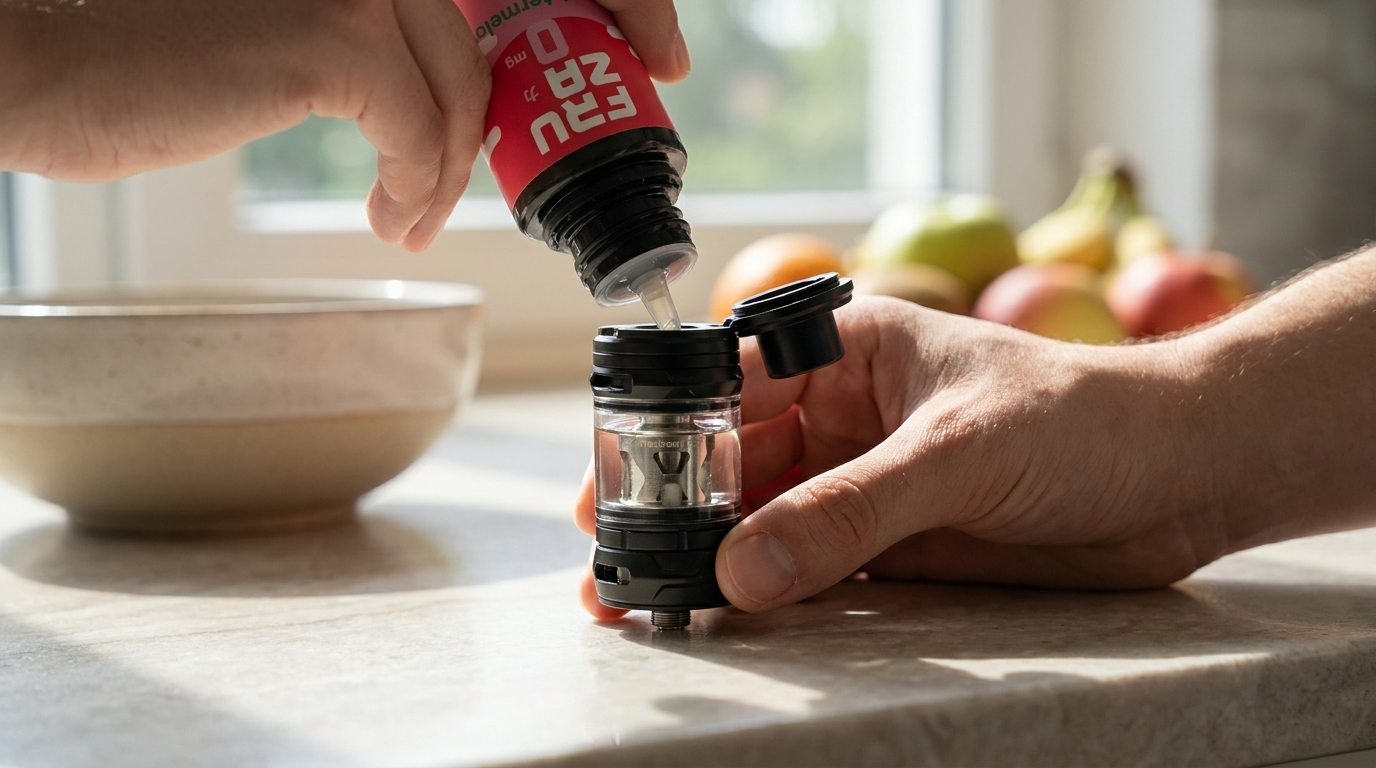Filling a vape tank through its top-fill port from a shortfill e-liquid bottle