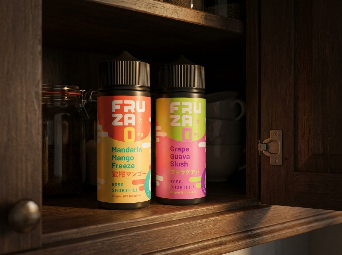 Fruza 50/50 shortfill bottles stored in a dark cupboard away from sunlight