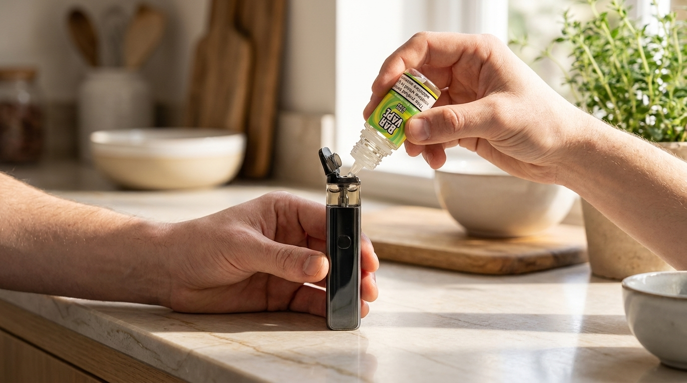 Carefully filling a pod vape from a 10ml nic salt e-liquid bottle