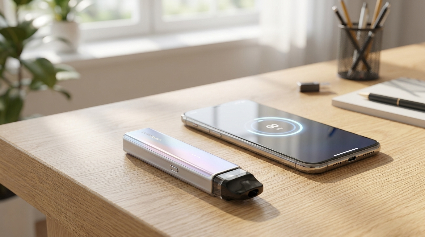 A phone timer counting down next to a vape kit, spacing out vaping sessions