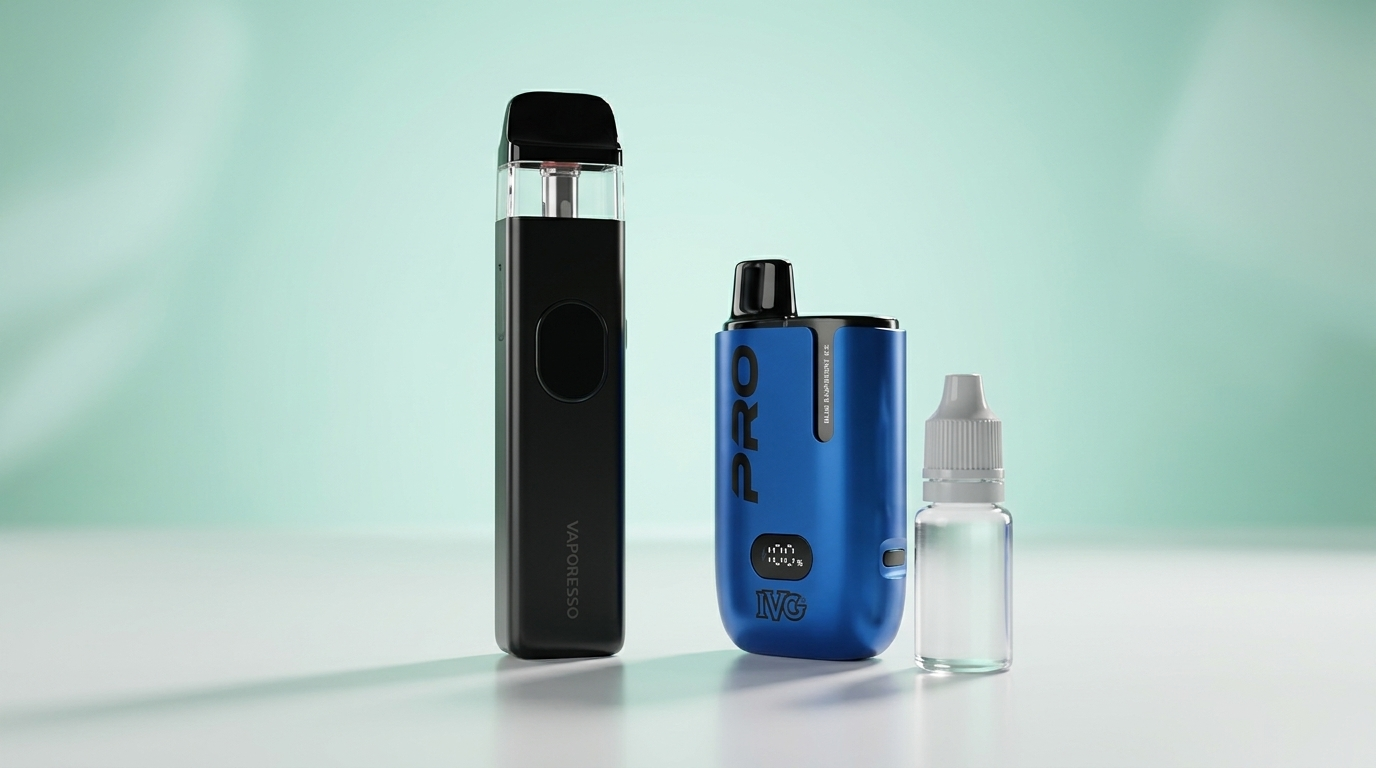 A closed prefilled pod kit next to an open refillable pod kit with an e-liquid bottle
