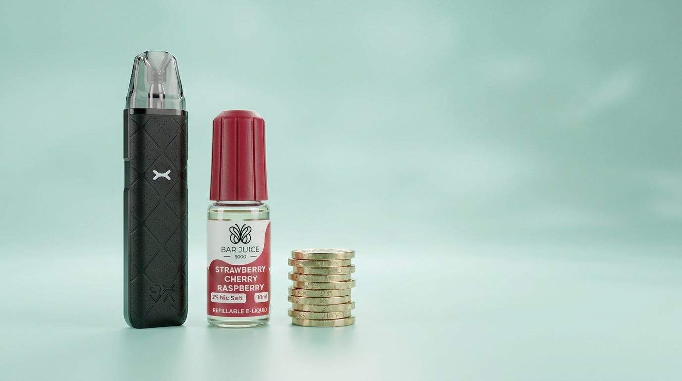 An OXVA Xlim Go refillable pod kit with a Bar Juice 5000 nic salt bottle and pound coins, the cheapest way to vape