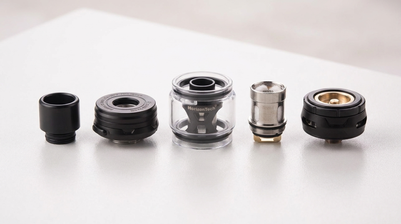 A vape tank disassembled into its components: drip tip, top cap, glass, coil and base
