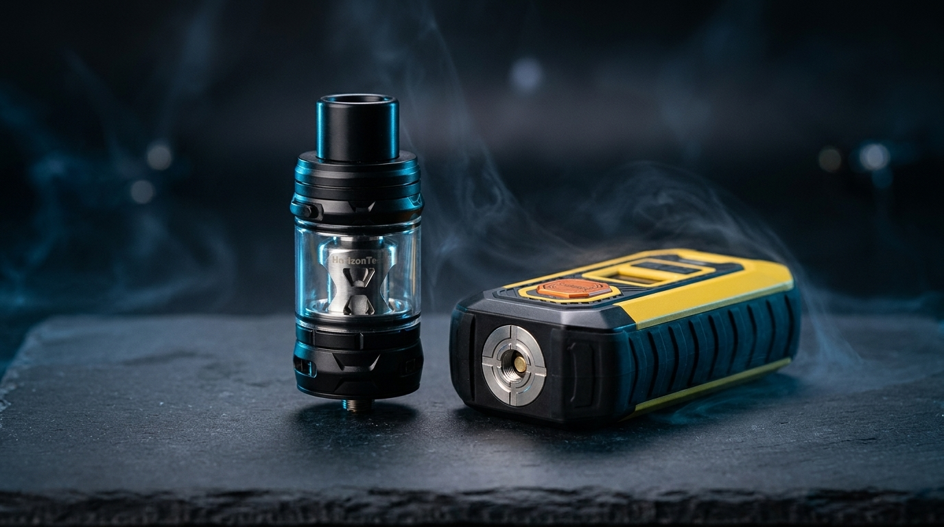 A glass sub-ohm vape tank beside a box mod