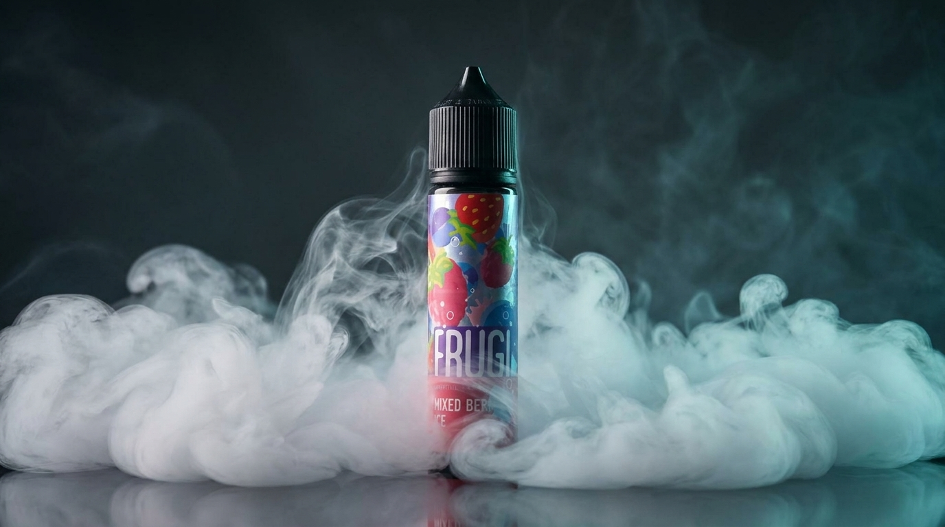 A high-VG shortfill e-liquid bottle surrounded by dense vapour clouds