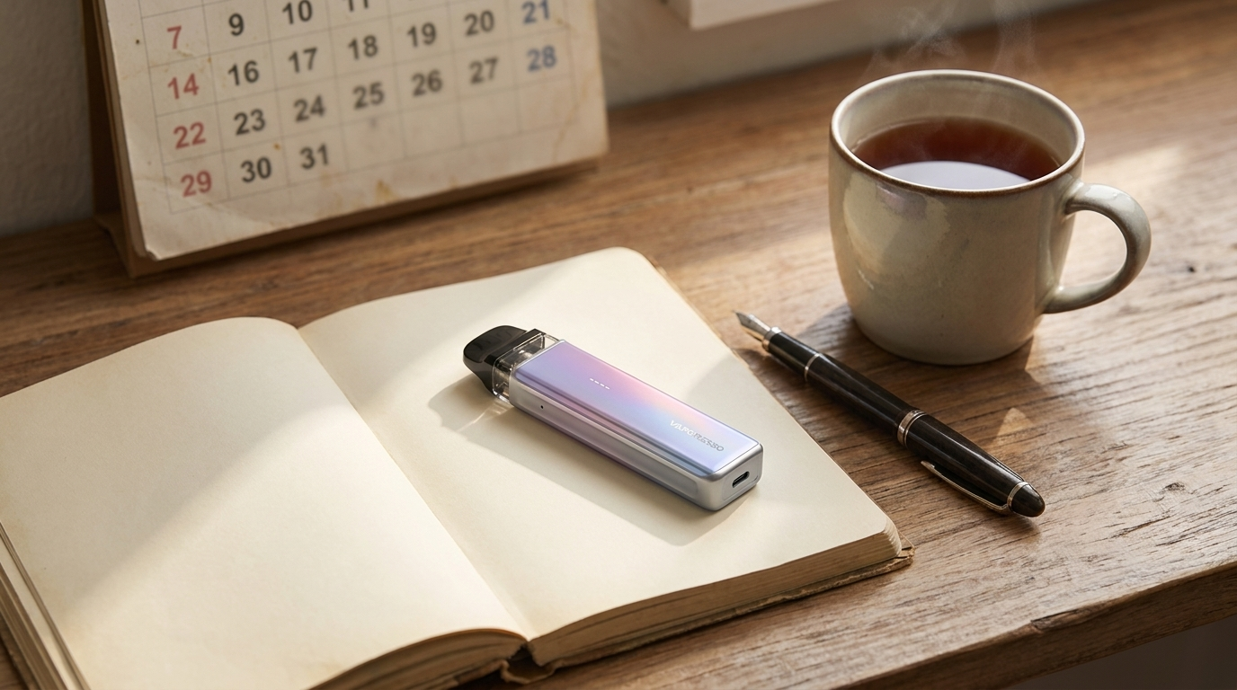 A vape kit resting on an open journal next to a calendar, planning when to quit
