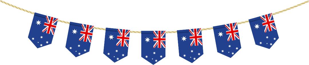 Bunting featuring a series of Australian national flags hanging from a natural fiber rope.
