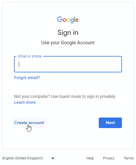 Google sign-in page with a cursor clicking the Create account button to begin registration without a Gmail address.