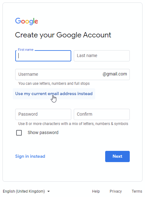 Google account creation form with a cursor clicking the "Use my current email address instead" link.