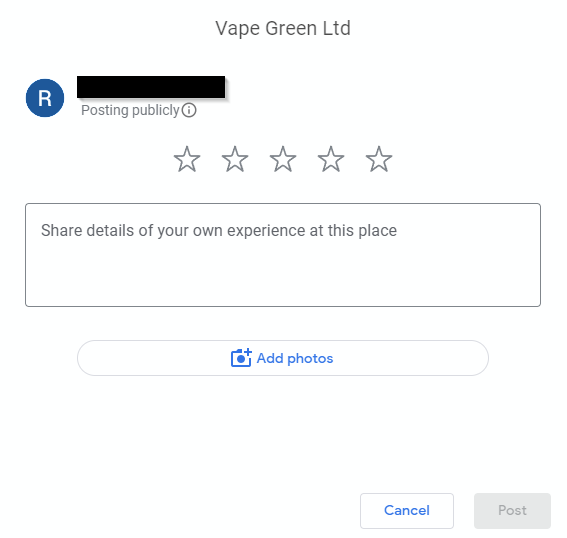 A Google review interface for Vape Green Ltd featuring five empty stars and a text box for comments.