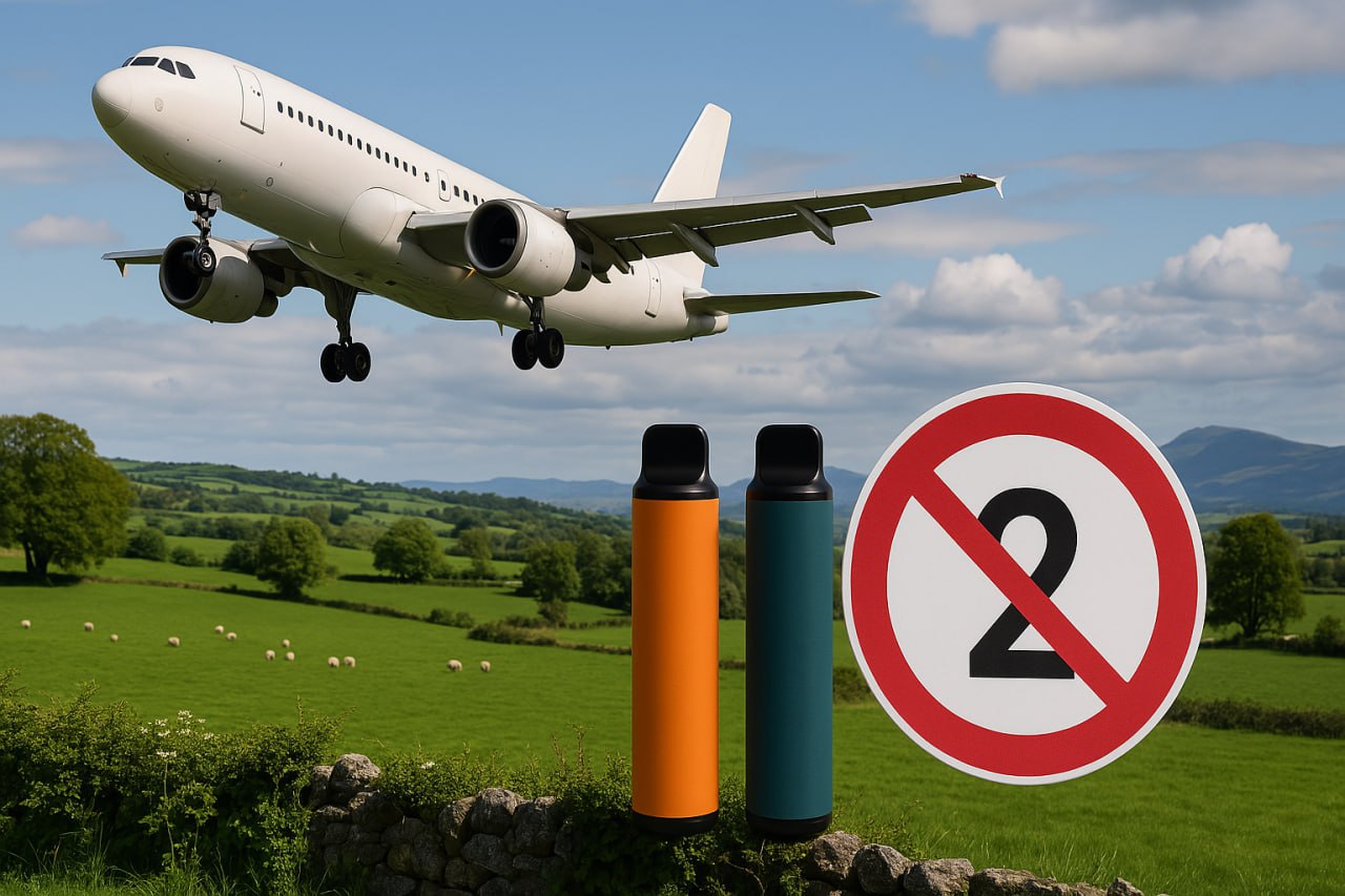 A plane flying over a field with vapes and a red prohibition sign over the number 2.
