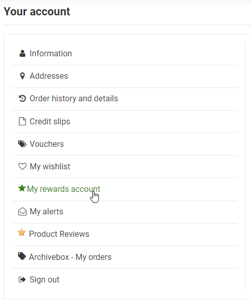 My rewards account section in the account dashboard