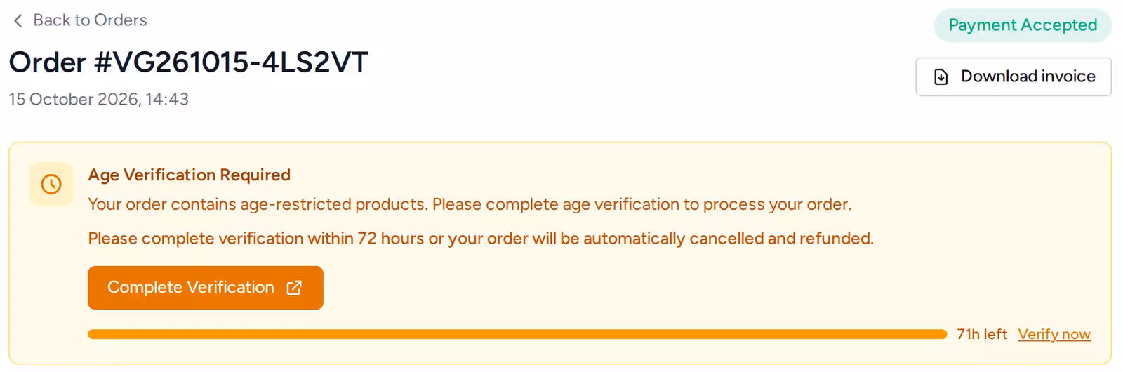An order waiting for age verification, with the Complete Verification button and time left