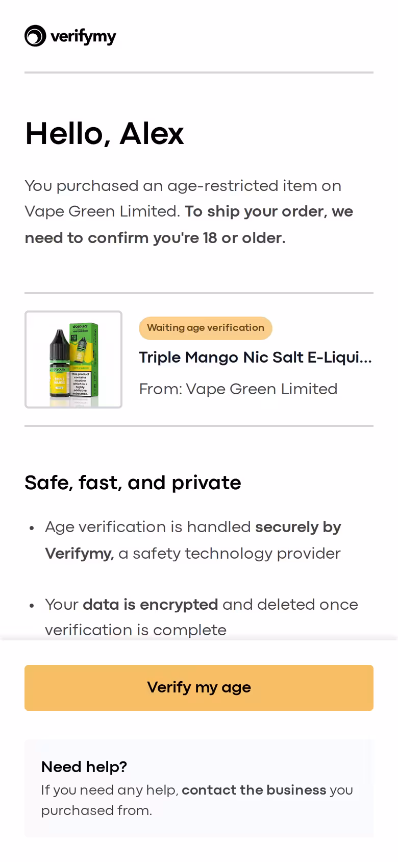 Verifymy start page explaining the age check
