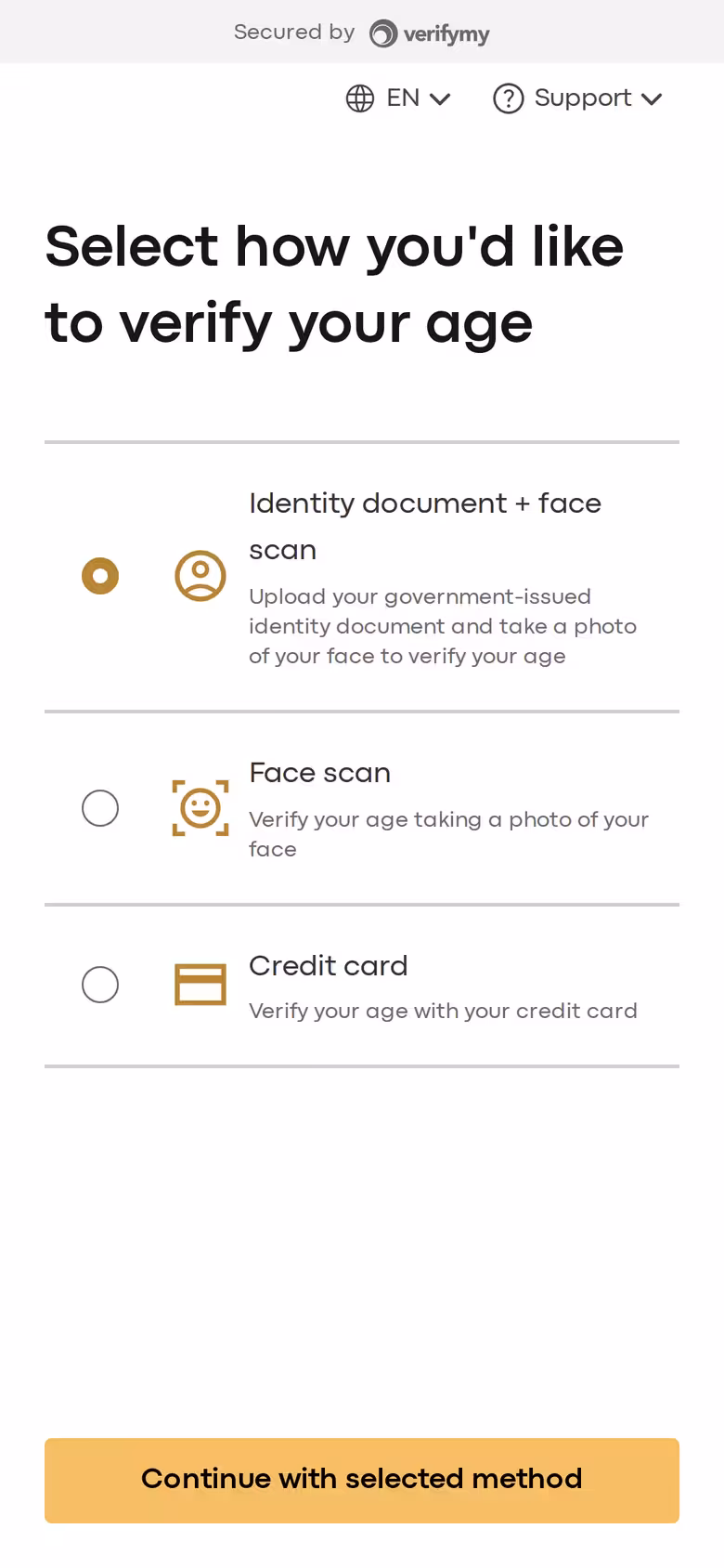Choosing how to verify: ID document and face scan, face scan, or credit card
