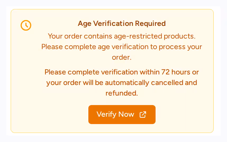 Age Verification Required box with a Verify Now button on the order confirmation page