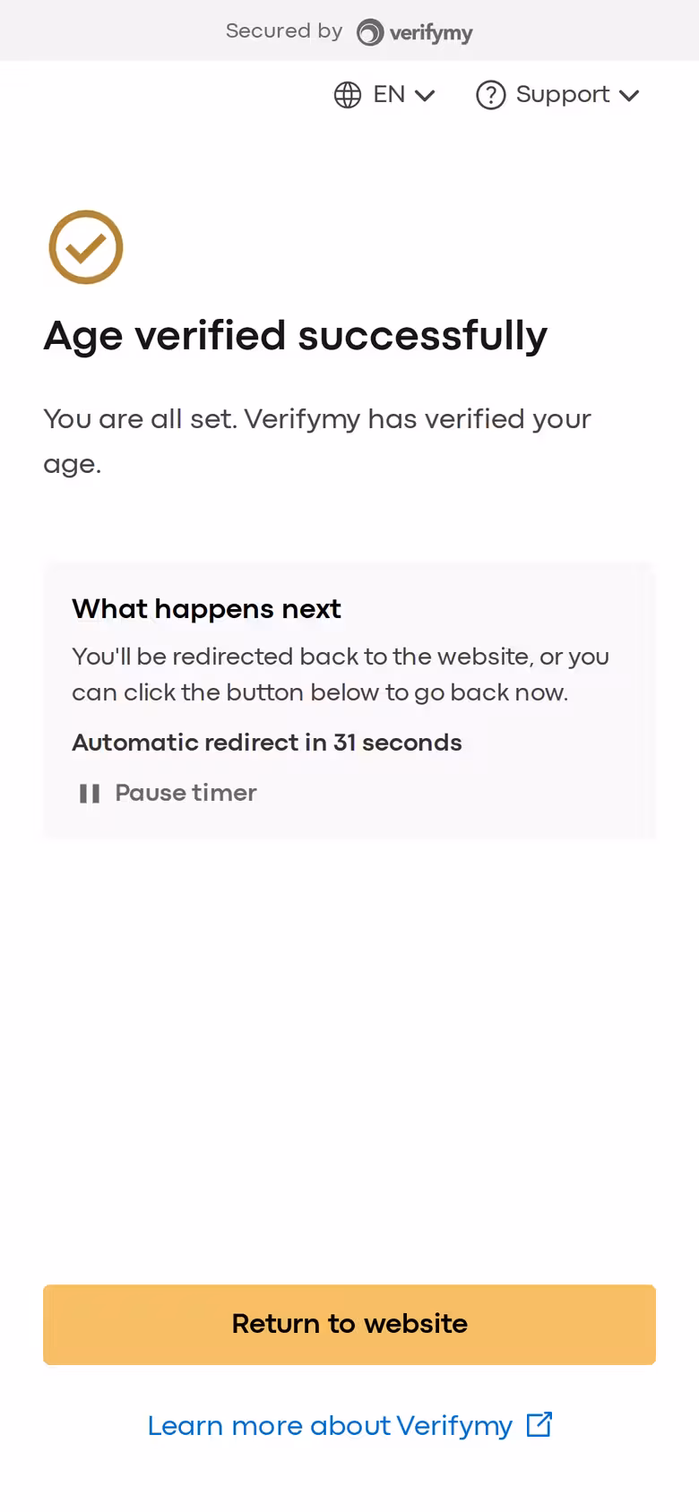 Age verified successfully screen