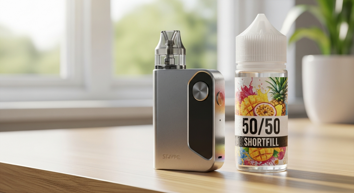 Modern pod vape kit next to a colourful 50/50 shortfill e-liquid bottle on a desk