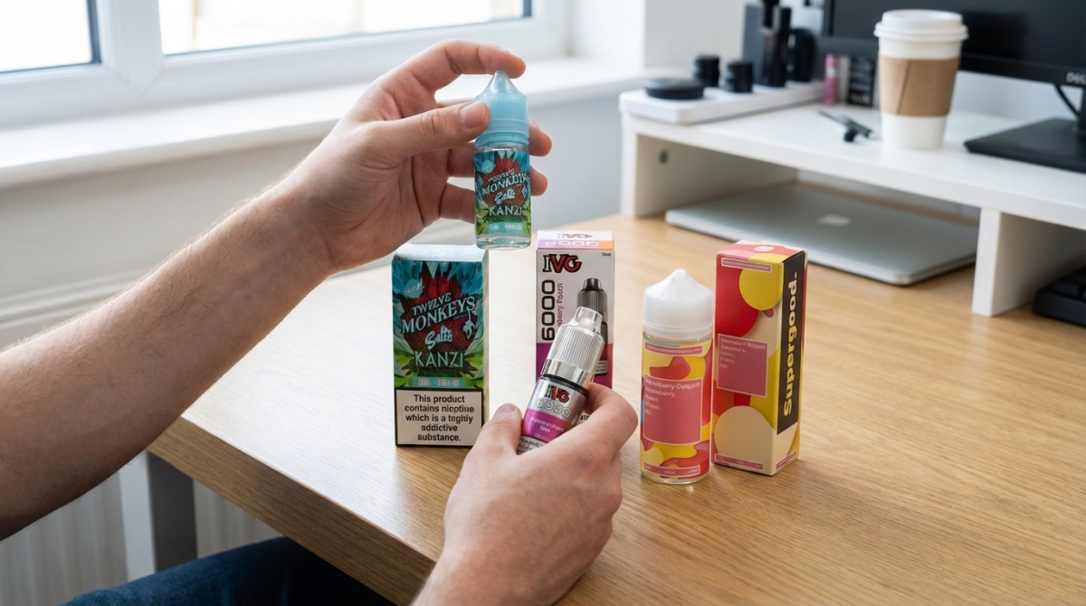 Person checking e-liquid bottles including Kanzi, IVG, and Supergood for quality and freshness