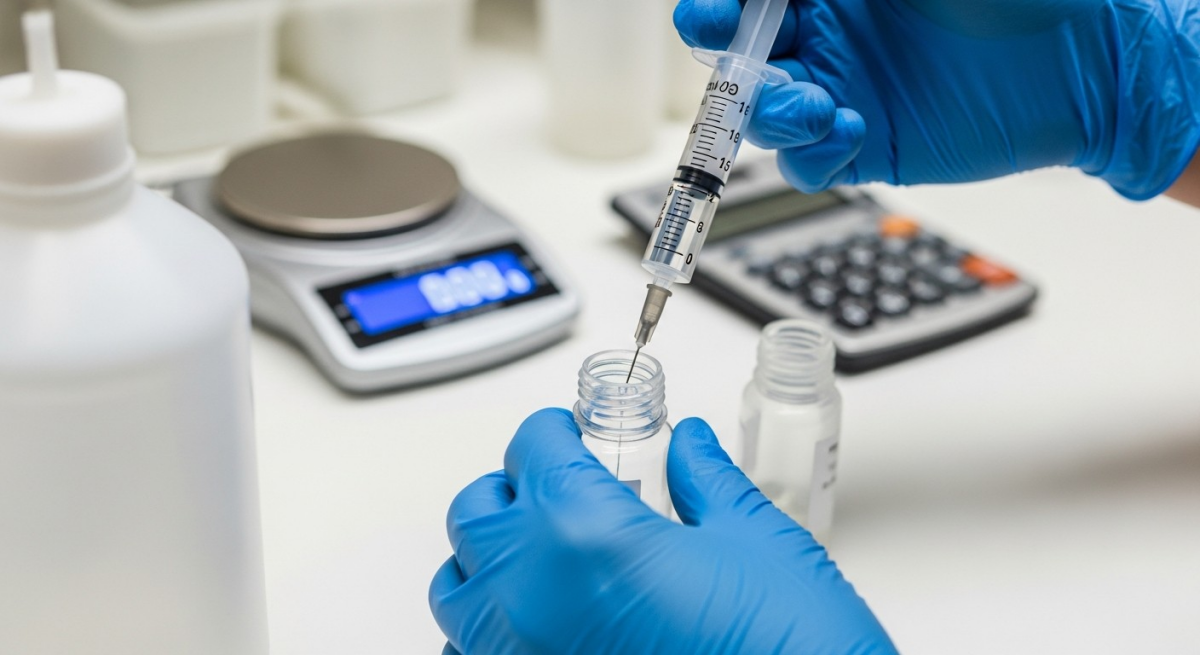 Hands wearing gloves carefully measuring e-liquid base into a mixing bottle