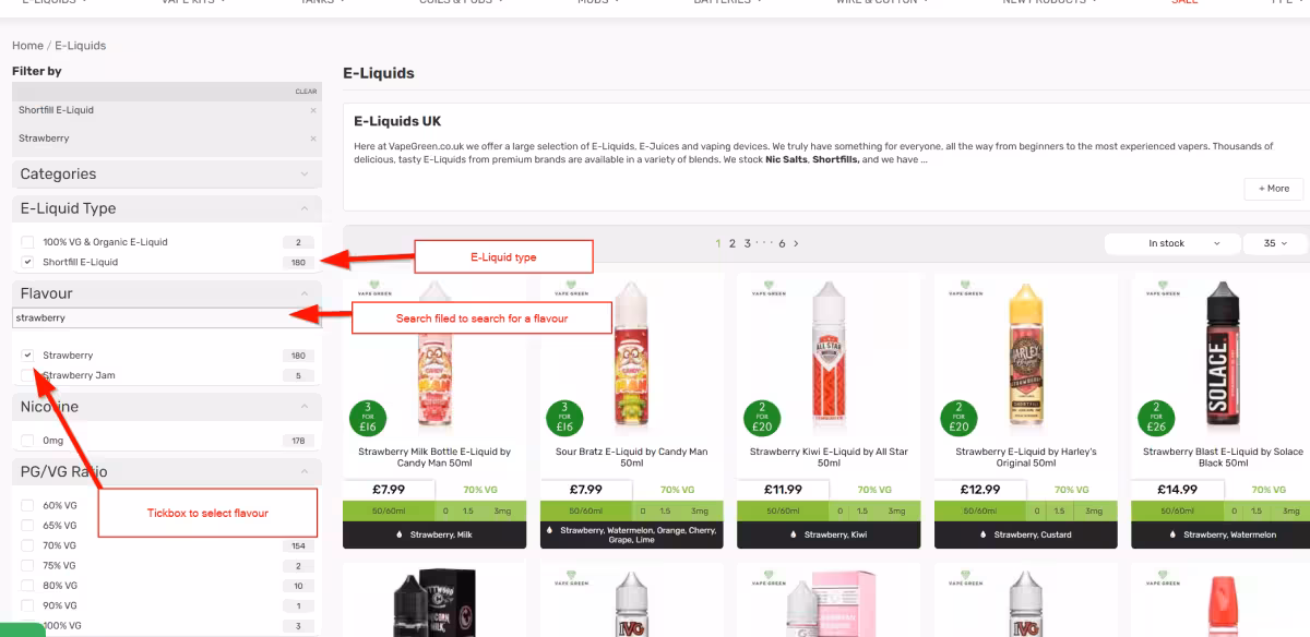 E-Liquid flavour filter with searchable flavour list
