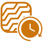 Orange graphic icon of a clock with a circular arrow over a square with zigzag patterns.