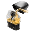 A refillable vape pod being filled with golden e-liquid, featuring a top-fill design and black mouthpiece.