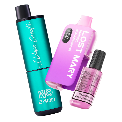 A teal IVG 2400 and a pink Lost Mary BM6000 big puff vape with a refill container.