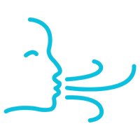 Blue line art of a person's profile exhaling or blowing a steady stream of air.