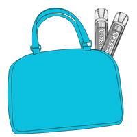 Illustration of two SKE Crystal vapes inside a bright turquoise blue handbag.