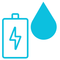 Cyan line icon of a battery with a lightning bolt next to a solid turquoise water droplet.