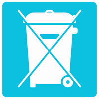 White crossed-out wheelie bin icon on a blue square background, indicating do not dispose in trash.