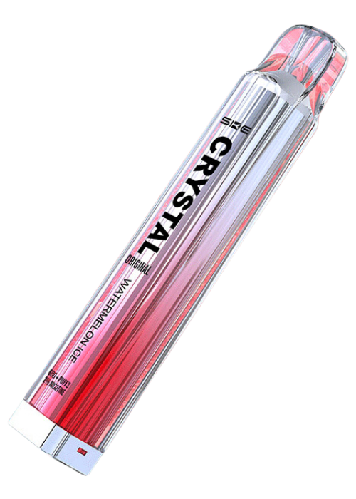 SKE Crystal Original disposable vape in Watermelon Ice flavor with a clear casing and red gradient.