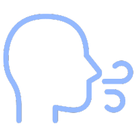 Blue line icon of a person's head profile exhaling vapor clouds.