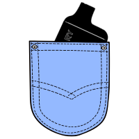 Illustration of a black Lost Mary vape device tucked into a blue denim jeans pocket.