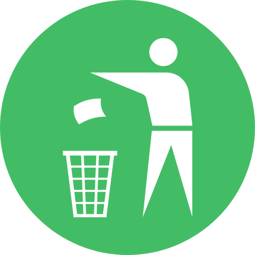 White person icon throwing a used nicotine pouch into a trash bin on a green circular background.