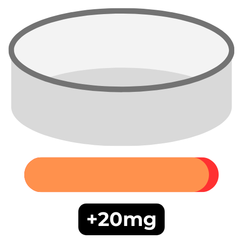 Graphic illustration of a silver nicotine pouch can with a 20mg strength indicator and orange bar.