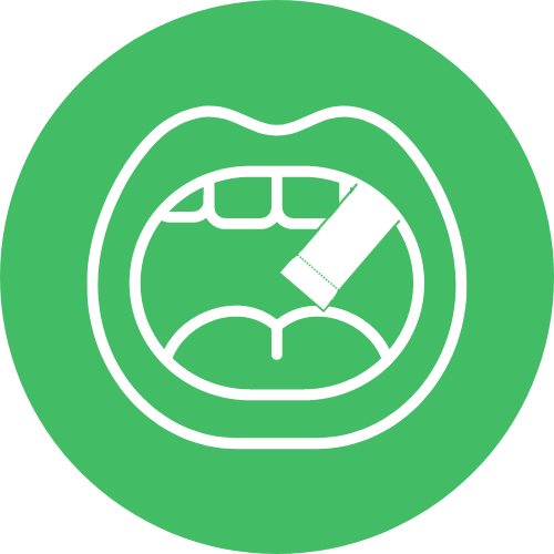 Green icon showing an open mouth with a nicotine pouch being placed against the upper gum.