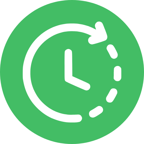 Green circular icon featuring a white clock with a rotating arrow, symbolizing long-lasting nicotine release.