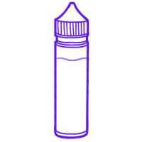 Purple line drawing of a 50/50 shortfill e-liquid bottle with a pointed cap and ribbed base.