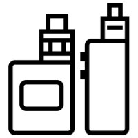 Line drawing icon of two different electronic cigarette mod devices with tanks for shortfill e-liquids.