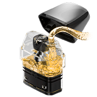 E-liquid being poured into a transparent top-fill vape pod with the black mouthpiece removed.