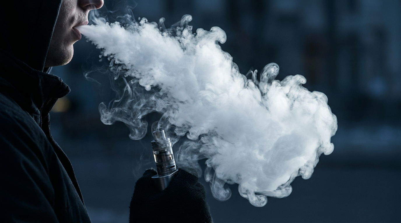 A vaper exhaling a dense cloud of vapour from a sub-ohm vape kit
